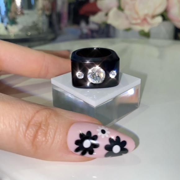 Women’s Crystal Ring, Black Acrylic, Cube Shaped Ring, Crystal Gemstone Ring - Picture 4 of 16